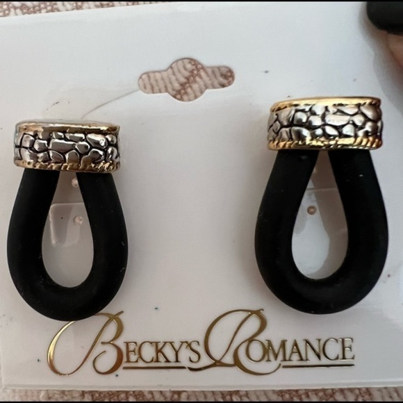 Black Oval Hoop Earrings With‎ Gold/Silver Accents By Becky’s Romance - Picture 2 of 3